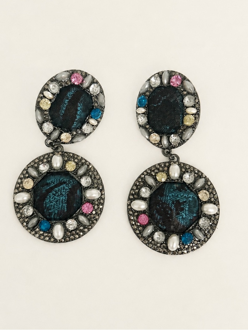 VINTAGE STYLE Teal Fabric & Multistone Drop Earrings